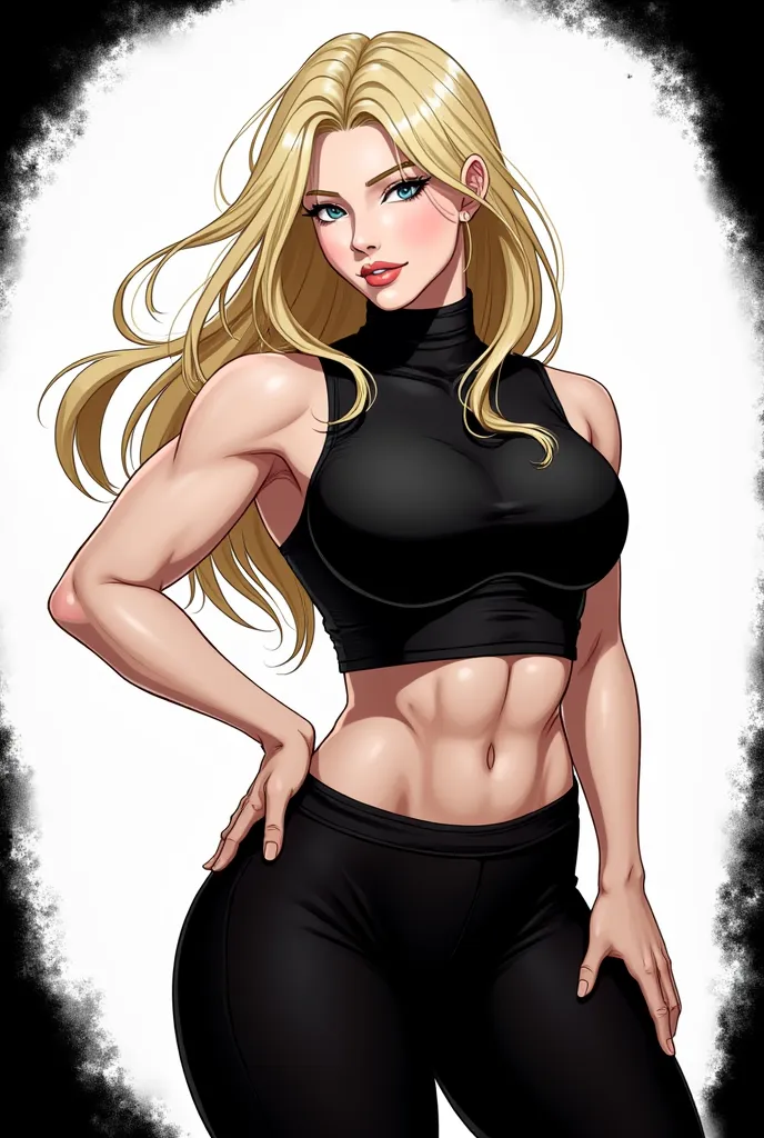 Physically fit adult woman with long blond hair and big breasts anime version