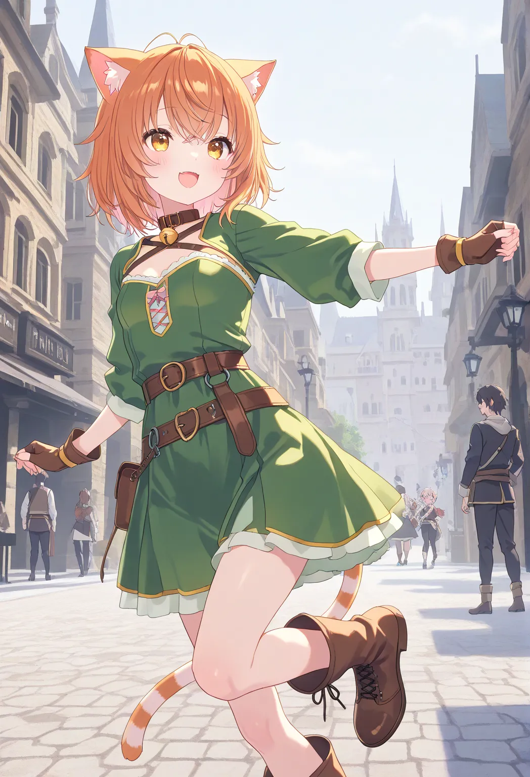 very awa, masterpiece, best quality, newest,  highres, aburdres、fantasy world、nap　nekoma、nap　nekoma　virtual YouTuber、cat girl 、 short hair、burgundy hair、 is opening、Cute single tusk、  very small breasts 、collar and bell  、Green costume、 Brown Leather Belt ...