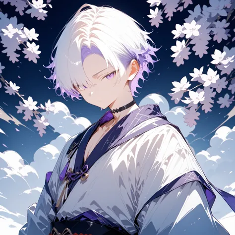 masterpiece, high score, great score, absurdres,
1boy,male focus, upper body,20-yo, クモイエイテル, toned,twink,white hair, side-parted, lilac highlights,avant-garde japanese clothes,black choker,purple collar accent,year 2025