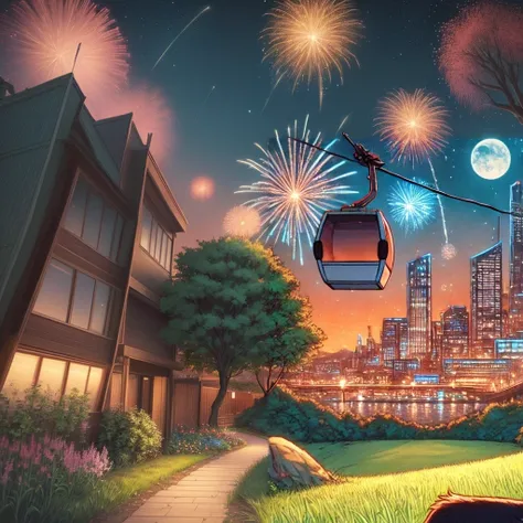 future city、garden、Trees、grassland、Sky、fireworks