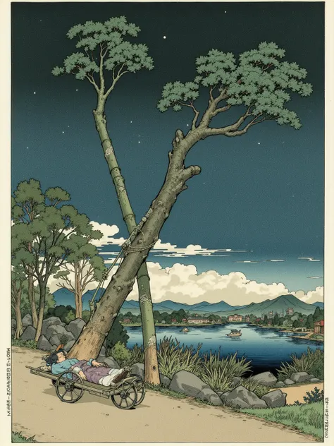 Ukiyo-e style multi-color woodblock print of the original Japanese landscape,New Prints,When it's dark,multicolor texture of traditional woodblock print,scenery that makes you feel travel and nostalgia,detailed,A felled bamboo tree is propped vertically on...