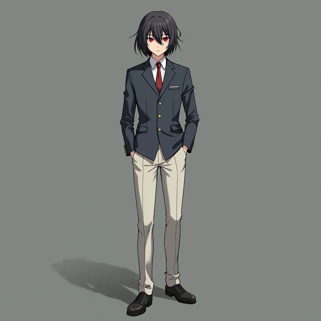 anime guy, dark black hair, dark red eyes, dark blue school jacket, white school pants,black shoes, anime style, He stands tall, he stands tall,anime,the  hair covers the ears,anime