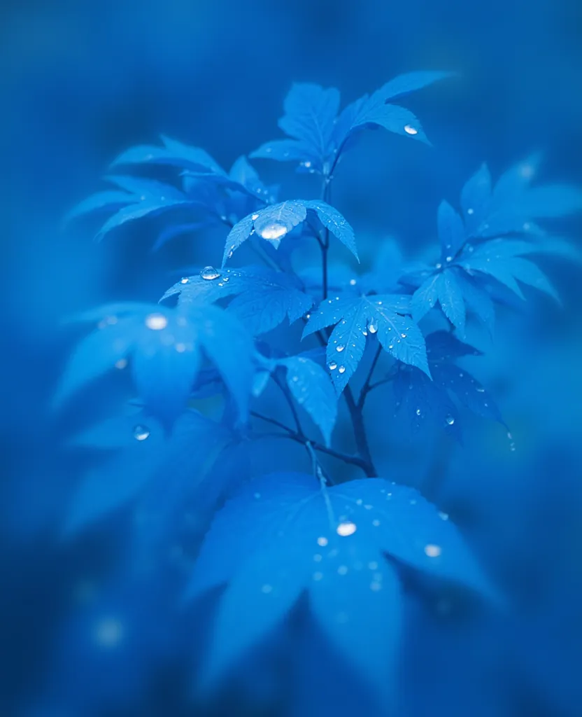 ar311,a branch of blue leaves with water droplets on them, set against a blue background. The leaves are a vibrant blue color, and the background is slightly blurred, giving the image a dreamy, ethereal feel.