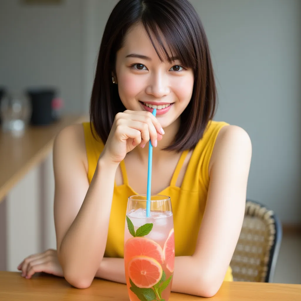 A Japanese woman in a sleeveless yellow top is sitting at a wooden table, holding a glass with a blue straw and drinking from it. The glass contains a beverage with ice, mint leaves, and slices of pink fruit, possibly grapefruit. The background is blurred,...