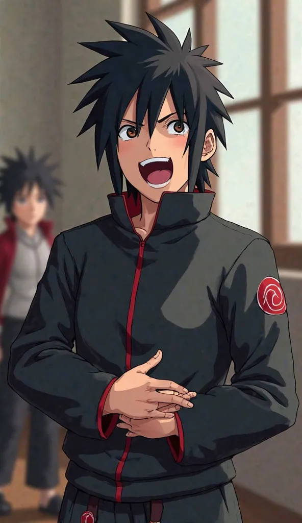 Sasuke Uchiha (Naruto, 1.66m, male) was absolutely overcome with laughter. His deep, intense gaze was replaced with wide, sparkling eyes as he threw his head back and let out an explosive fit of laughter. He clutched his stomach, unable to contain himself,...