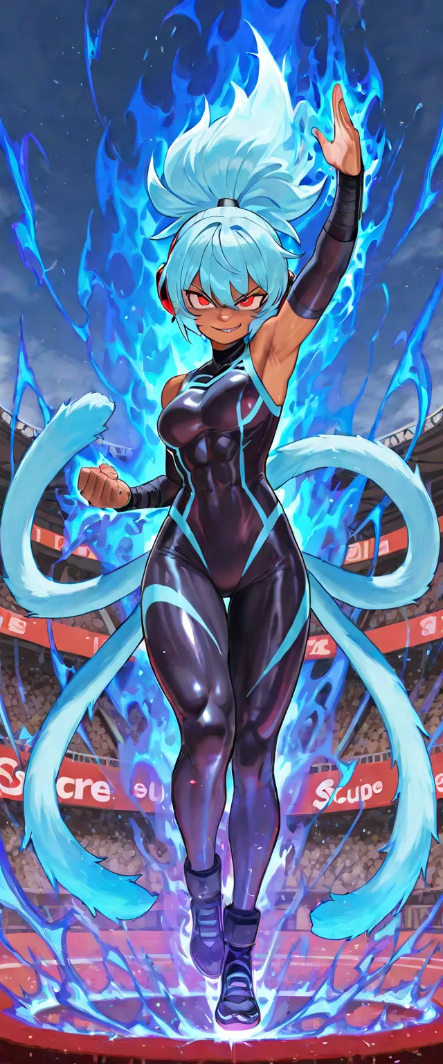 score_9, score_8_up, score_7_up, Anime monkey girl, front view, , , powering up to full power, surround by blue fire and shurikens, fighting stance, dodging multiple shurikens, tanned skin, high ponytail, sky blue hair, sky blue fur, wide eyes, bright eyes...