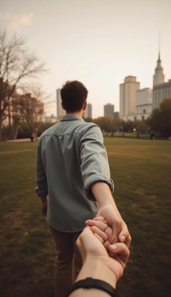 Style: Warm, retro-style photograph,Subject: A man seen from the back holding hands with someone while walking in a park; urban buildings and scenery in the background,Composition: Low angle, first-person perspective,Atmosphere: Intimate, peaceful, reminis...