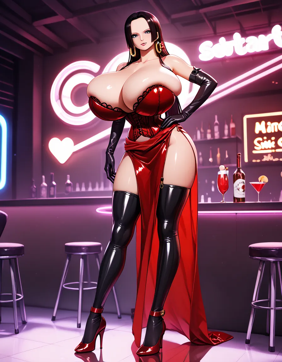 Boa Hancock as a pornstar, pornstar, busty pornstar, (((in a nightclub with neon red lights))), Hot cleavage, (((gigantic breasts))), (((breasts focus))), (((shiny breasts))), (((sexy legs in sexy pose))), (((dark red heels))), (((dark red corset))), (((bl...