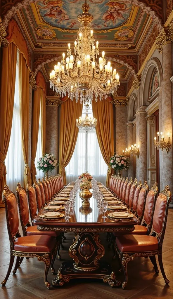 Luxury Palace Dining Room

Prompt: A magnificent palace dining hall with an extravagant long table made of polished mahogany, adorned with golden accents and a crystal centerpiece. Lavish high-backed chairs with royal embroidery line both sides. A massive ...