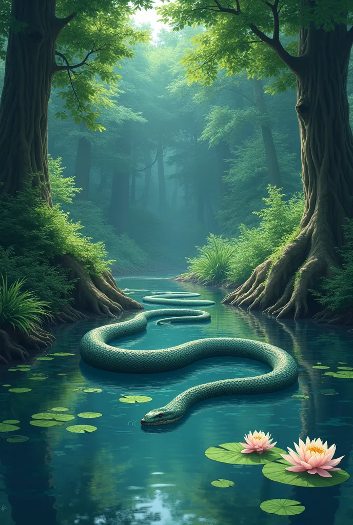 A legend of the snake, the setting is on a forest, on a lake, Studio ghibli anime style