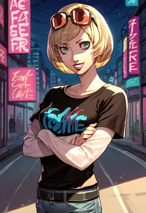 score_9, score_8_up, score_7_up, source_anime, 1girl, cowboy shot, looking at viewer, crossed arms, grin, AnnP5, short hair, bob cut, blonde hair, sunglasses on head, lipstick, black t-shirt, clothes writing, layered sleeves, medium breasts, jeans, outdoor...