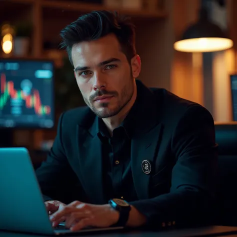  very realistic, . A short-haired brunette man is sitting at a desk with a laptop looking straight into the camera as a brave man, with a confident and slightly daring look. He has a moderately daring, but irresistibly elegant attractive and attractive fac...