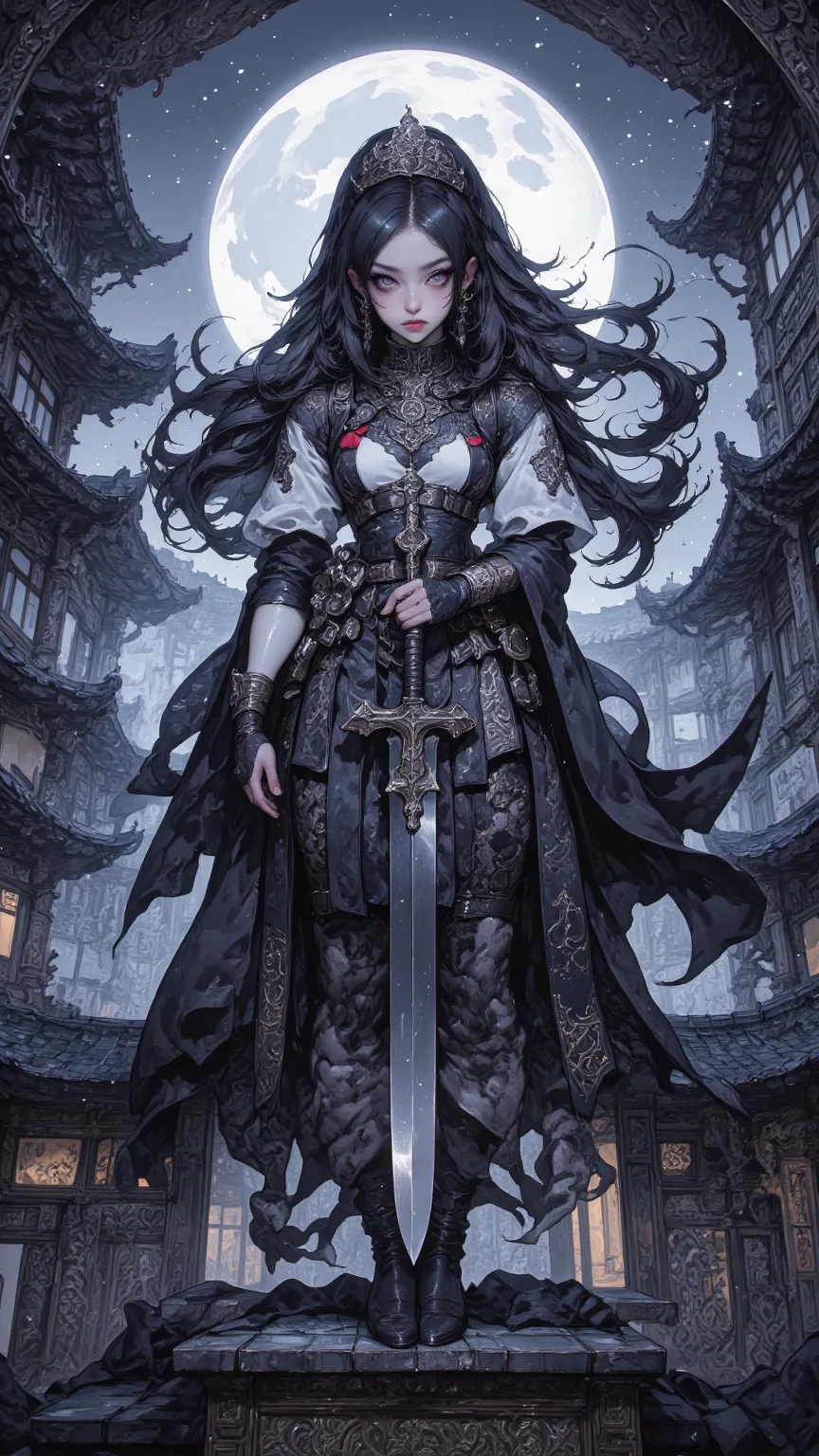 days，Phantom Blademaster（gender）， 4K anime-style quality ，digital painting mode，A mysterious female swordsman，with long black hair and brown eyes，wearing a round smooth white and black battle dress，standing on the roof of a moonlit temple HDR，depth of fiel...