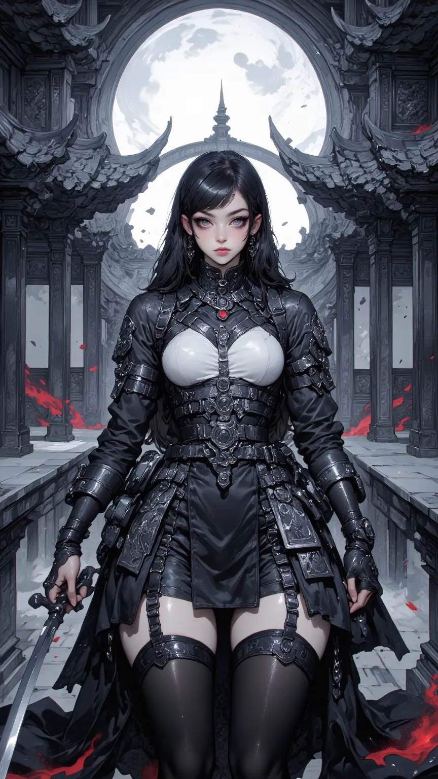 days，Phantom Blademaster（gender）， 4K anime-style quality ，digital painting mode，A mysterious female swordsman，with long black hair and brown eyes，wearing a round smooth white and black battle dress，standing on the roof of a moonlit temple HDR，depth of fiel...