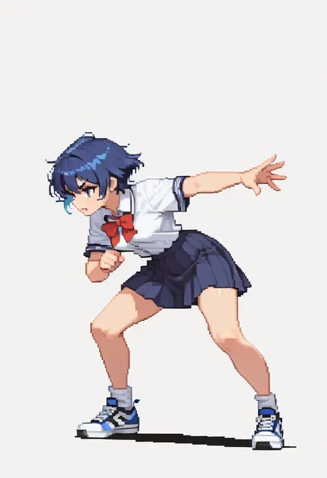 (Masterpiece, BestQuality:1.2),(pixel art,dot illustration),side view,2D fighting game character. fighting pose,solo. BREAK(16yo,(darkblue hair,messy wavy-short hair),darkblue eyes,bold eyebrows,middle small breasts,wearing school-uniform,sneakers,fullbody...