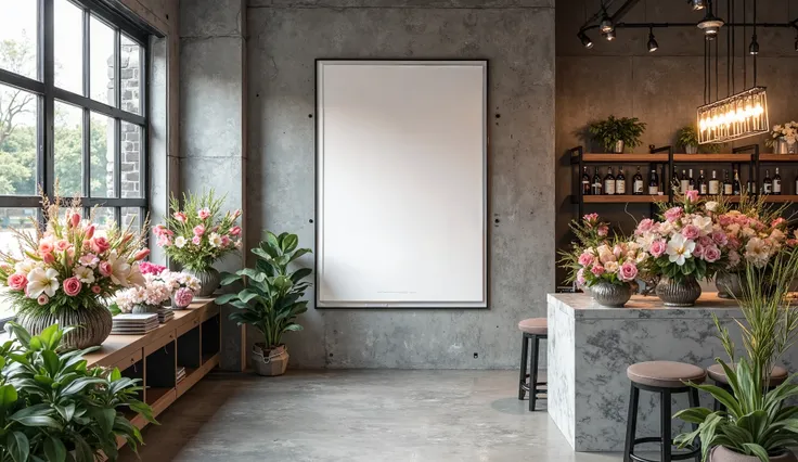 A designer cut-flower boutique with a sleek, curated aesthetic. The interior features polished concrete walls, black steel fixtures, and high-end floral displays. The fragrance of fresh-cut gardenias and lilies fills the space. A geometric chandelier casts...