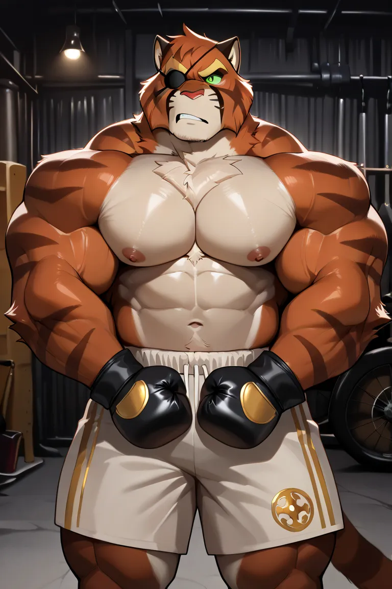 solo, hyper muscular furry (viktor vasco, Viktor[lackadaisy], Viktor Vasko[lackadaisy], black eyepatch, orange fur, orange body, yellow pattern, cream pattern, 1920s styled clothing, stripes, green eyes, large eyebrows, eyebrows, yellow eyebrows.), shorts,...