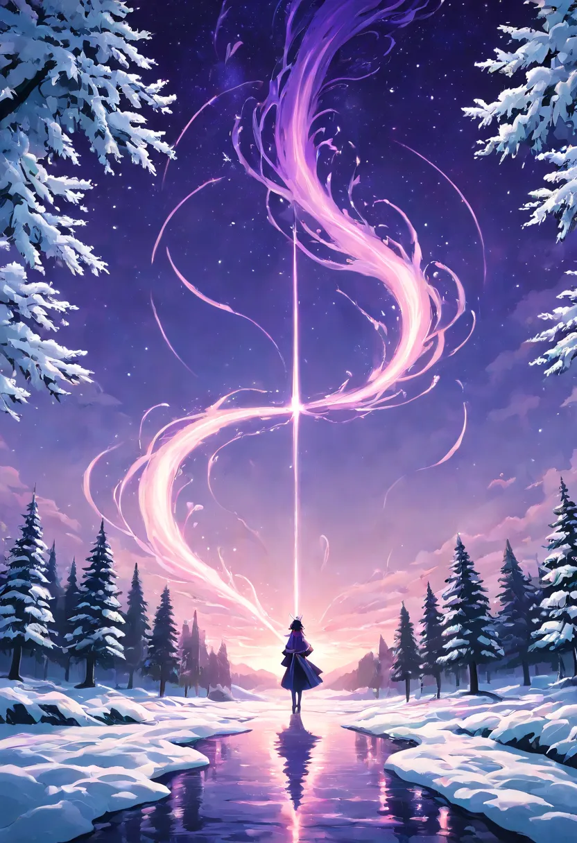 "A breathtaking anime-style winter landscape in 4K quality, featuring a vast, snow-covered forest with towering evergreen trees blanketed in fresh white snow. The soft glow of the twilight sky casts shades of pink, purple, and blue over the scenery, with d...