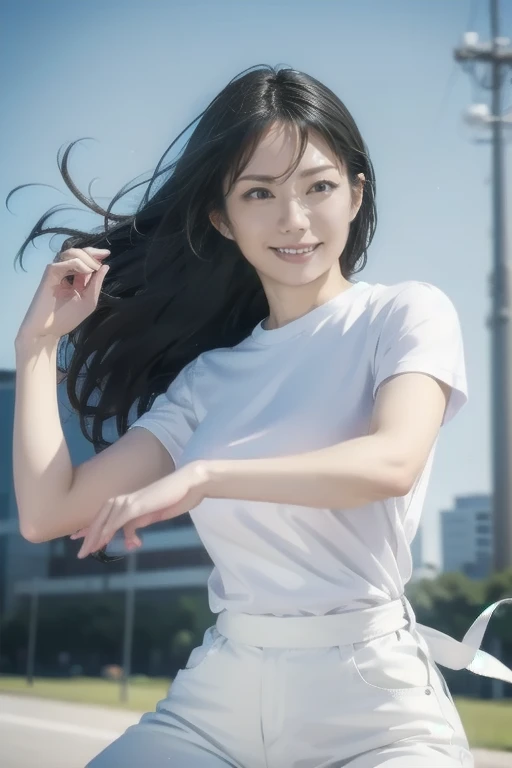 white t-shirt、jeans、long legs、black hair fluttering in the wind、glamorous、has bandages wrapped around both hands、Take a martial arts stance、Rin々expression、thin waist、Female karate artist