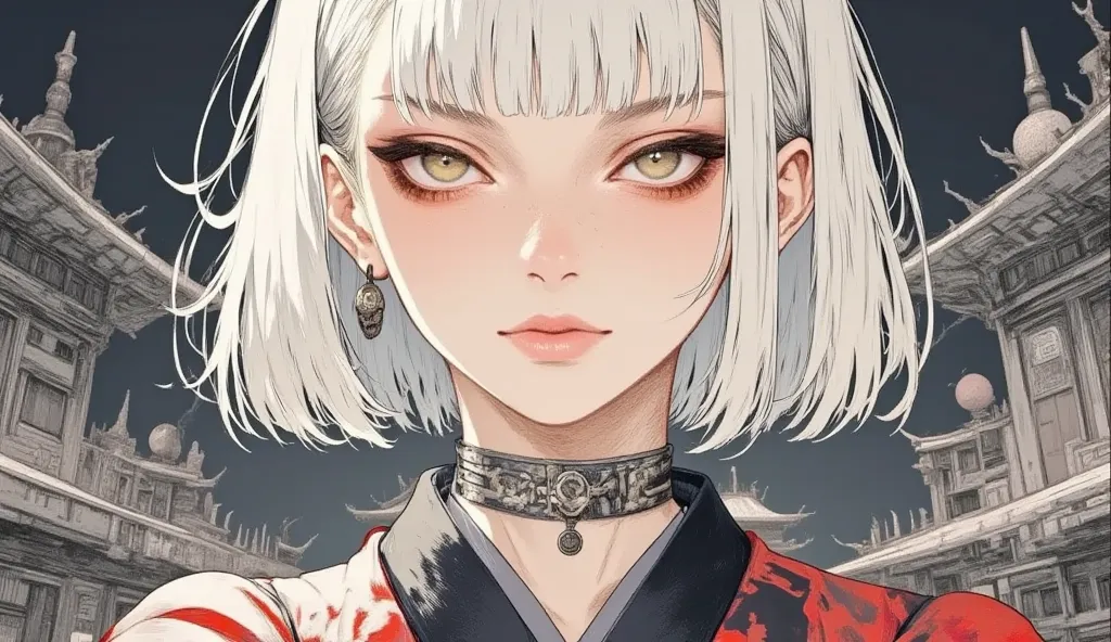 8k, masterpiece, Best Quality, beautiful Korean woman, close-up, platinum blonde hair, red lipstick, Dark Eye Makeup, I'm wearing a dark kimono, pale skin, Japanese-style earrings , Monochrome Background,