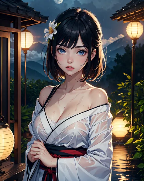 1 girl, chest, moon, lantern,  night , Alone, large chest, hair ornaments close to the garden, wet,  kimono,  kimono, water遊び, water, hair flower, flower, outdoor, null, full moon, rain,   black hair, Off Shoulder, Mountain, cloud, holding, band, bare shou...