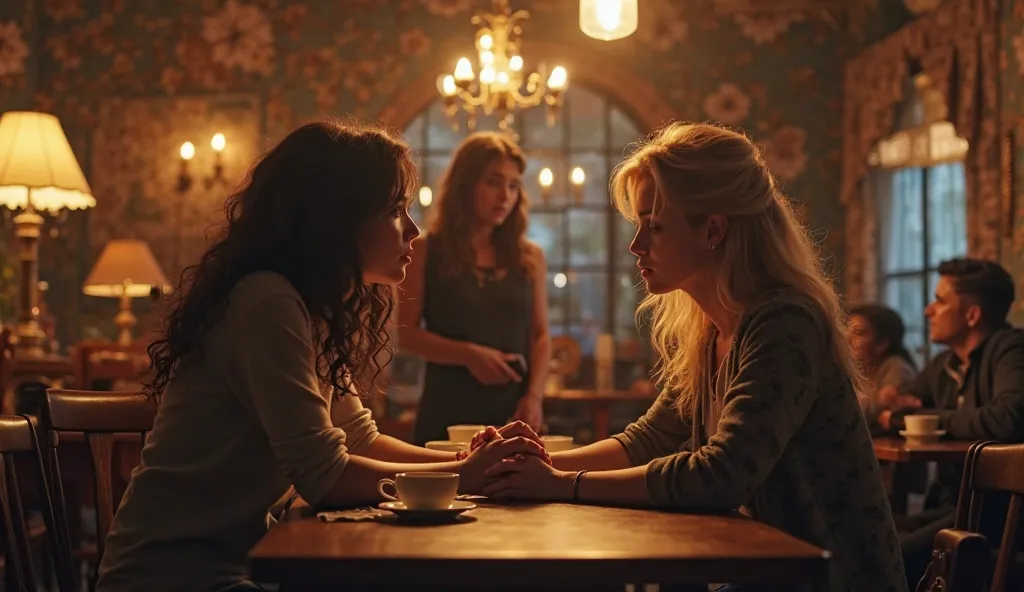 Create an emotionally charged scene inside a cozy café. Riley (dark-haired, artistic, slightly cautious but hopeful) is sitting across from Ava (blonde, vulnerable, sincere), their hands still intertwined on the table. Sienna (brunette, protective but soft...