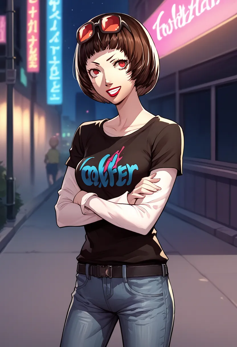 score_9, score_8_up, score_7_up, source_anime, 1girl, cowboy shot, looking at viewer, crossed arms, grin, MakotoP5, short hair, bob cut, brown hair, red eyes, sunglasses on head, lipstick, black t-shirt, clothes writing, layered sleeves, medium breasts, je...