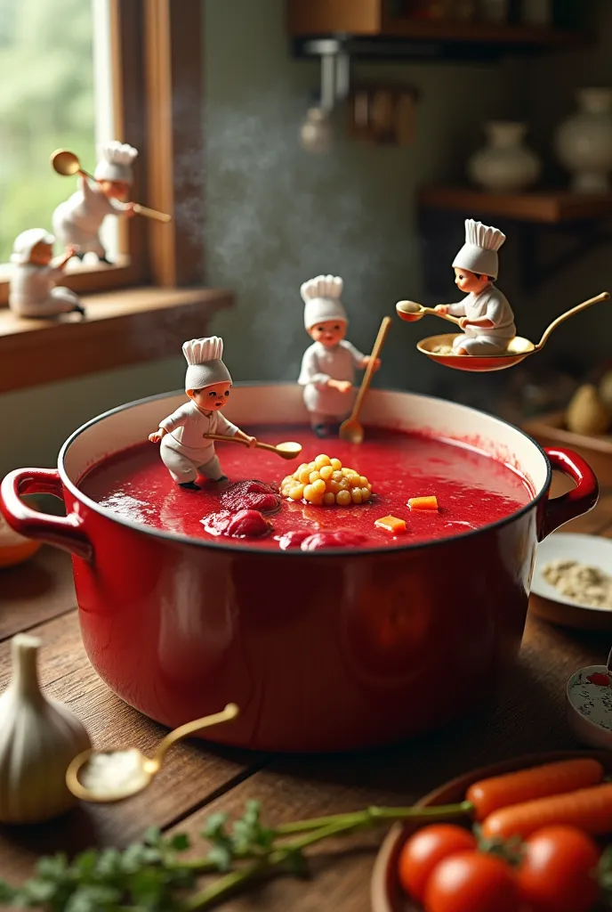 A whimsical, hyper-detailed scene of miniature chefs preparing a giant pot of traditional Ukrainian borscht. Tiny cooks in white hats and aprons stand on wooden spoons as makeshift rafts, stirring the deep red soup with oversized ladles. Some chop huge flo...