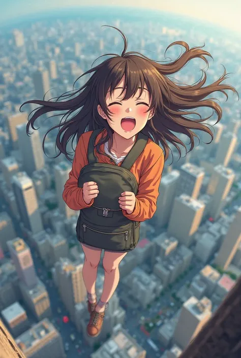 Imagine a girl with her hair in the wind, falling from a tall building. Her expression is one of pure joy, with her eyes closed and a big smile on her face, as if she were enjoying the freedom of the moment. She embraces a backpack tightly against her ches...