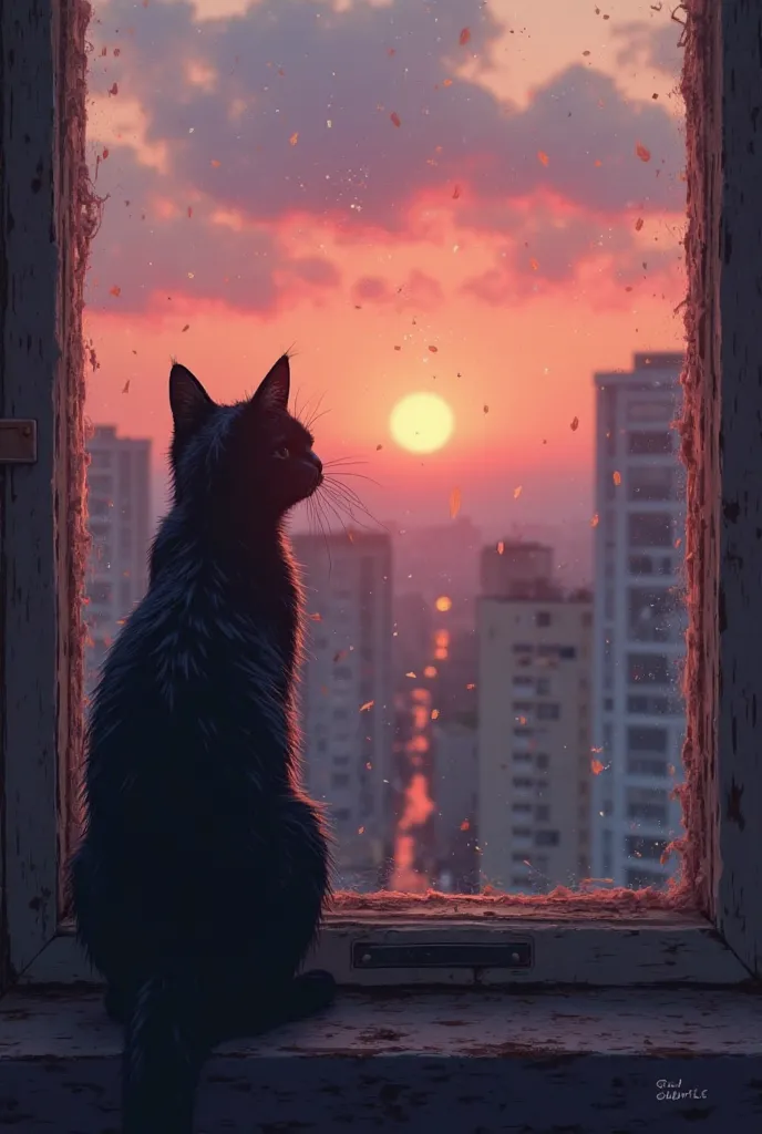  Prompt:
"Through a window, the black cat watches as dawn breaks over the city. The sky is painted in soft pinks and oranges. For the first time, the cat sees the world from a place of safety rather than survival."

