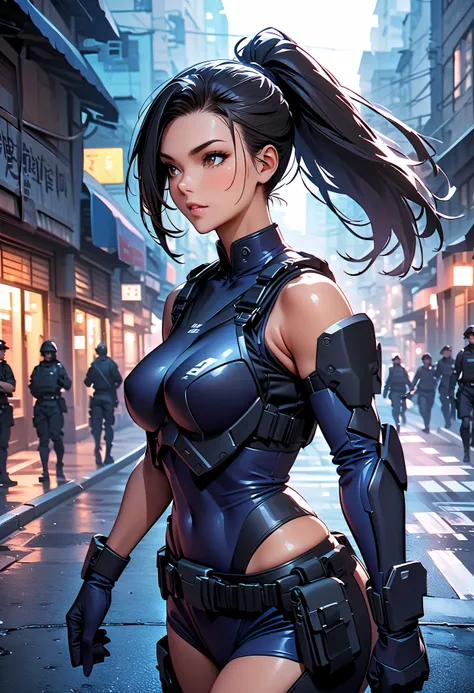 (masterpiece:1.2,Best Quality,Best Quality,Very  Details:1.2),8k, wallpaper,(one woman),( future female SWAT team member ),avoid being spotted by enemies.:1.6),(( bright)),( Navy blue tactical body armor that fits the body very well),(perfectionな体),(TACTIC...