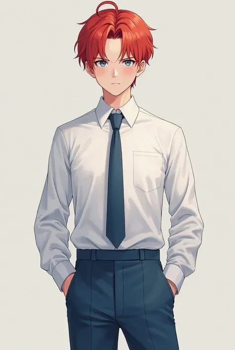 Make a man boy with red hair and have glass and his uniform is white blouse and blue pants and necktie and straight body, the fingers is in outside of his pocket not inside of pocket 