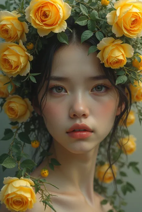 Sad young woman's face surrounded by yellow roses, leaves and thorns