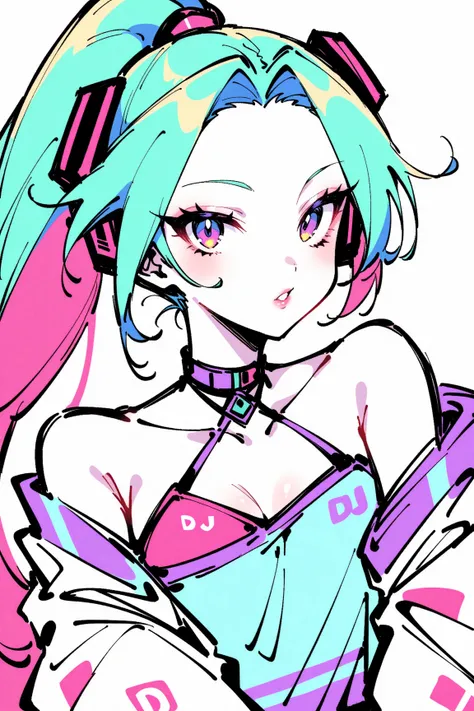 (has the best quality, sketch:1.2),practical,Illustrator ,cunning， Japanese cartoon ,1 girl,  Hatsune Miku ，detailed lips, hand，Off Shoulder， Neon long hair , high ponytail green ， masterpiece,  This style is retro, DJ