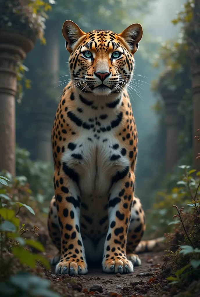 High resolution, HD, bipedal leopard with upright posture, striking features, deep blue eyes, muscular features, photorealistic, 8K, hyper detailed, highly realistic, dramatic lighting, cinematic, powerful expression, intense gaze, majestic, regal, elegant...