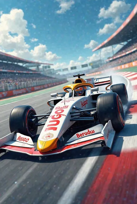 anime、character、F1、racing bulls、white machine、The tip of the nose is yellow、the air intake is orange、HUGO red letters on the front wing、Halo is running on the white、circuit、cornering、