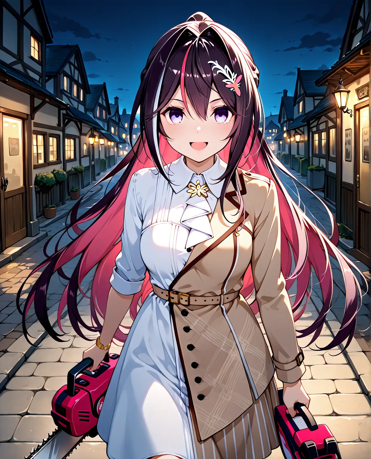 1 girl, solo, AZKi,  Masterpiece, best quality, white ascot, collared dress, two-tone dress, white dress, brown dress, brown jacket, asymmetric jacket,
walking, evil smile, empty eye, open mouth, :d, holding chainsaw, outdoor, town, night, 
looking at view...