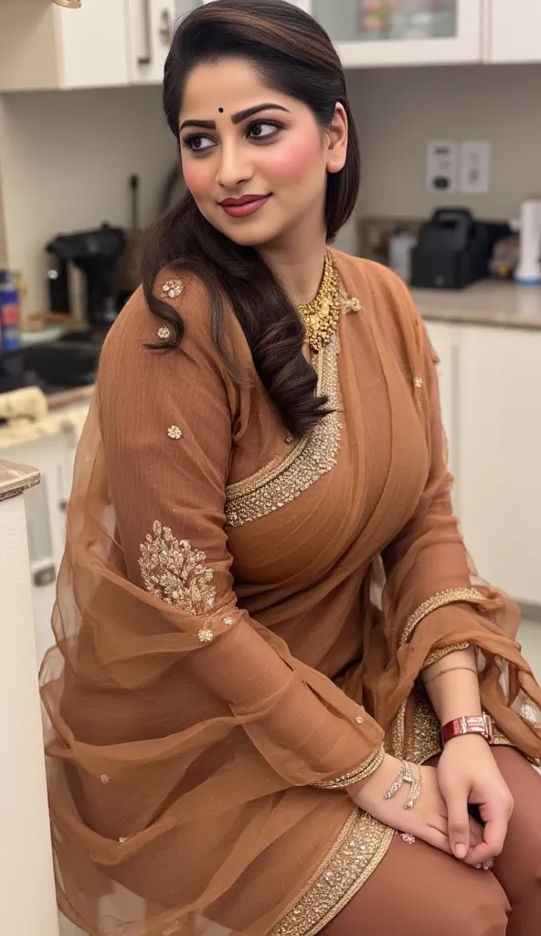 I am 40 year old plus size tall and big giant indian muslim women, looking like indian actress hansika motwani, wearing a gold boarded sleeveless transparent silver kurti and shining reflective glossy brown tight leggings,golden nose rings,nose stud, ankle...