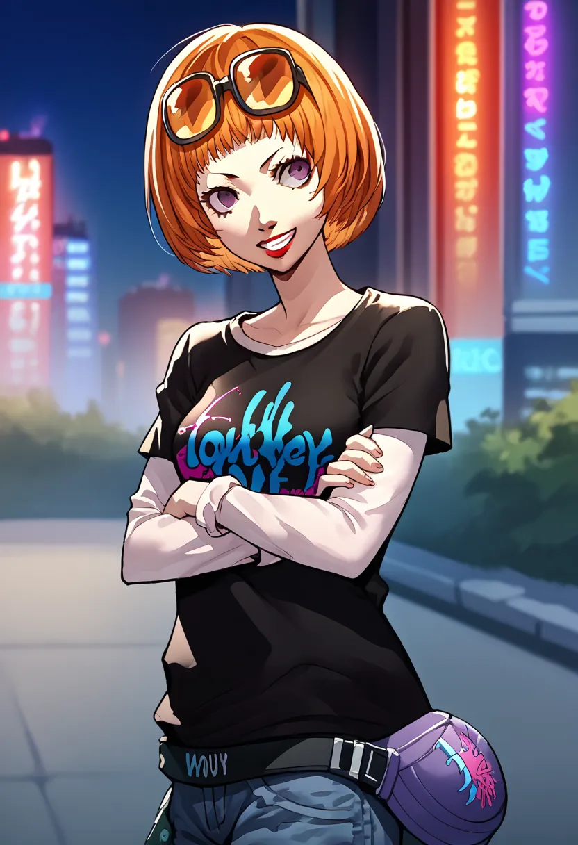 score_9, score_8_up, score_7_up, source_anime, 1girl, cowboy shot, looking at viewer, crossed arms, grin, FutabaP5, short hair, bob cut, orange hair, purple eyes, sunglasses on head, lipstick, black t-shirt, clothes writing, layered sleeves, medium breasts...