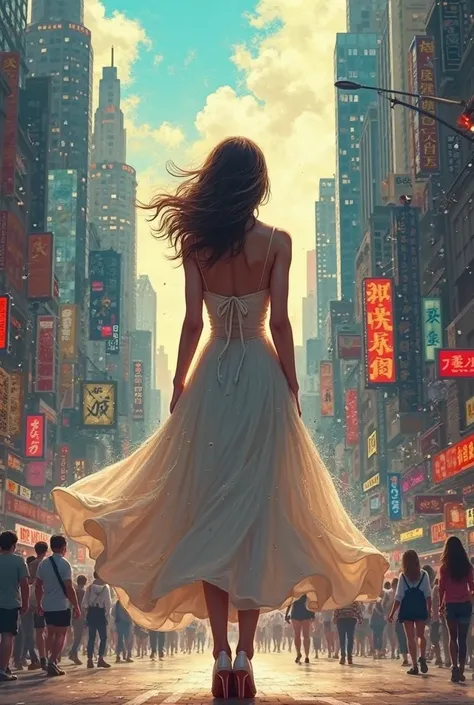 Woman with her back in a bustling city 