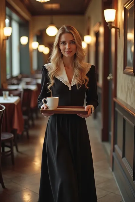 A vintage 1945 young gorgeous long haired blonde in long black sleeved white egdes waitress black dress walking to costumer of a restaurant. Her body is thick. She is holding a wooden square tray with a cup of coffee in America in 1945 long shoot full body...