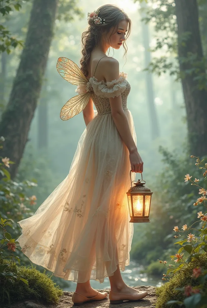 A Super HD illustration of a  dreamy young woman stands in a misty enchanted forest, wearing a flowing pastel dress with layers of sheer fabric that shimmer in the soft morning light. Delicate floral embroidery adorns the bodice, and tiny fairy wings made ...