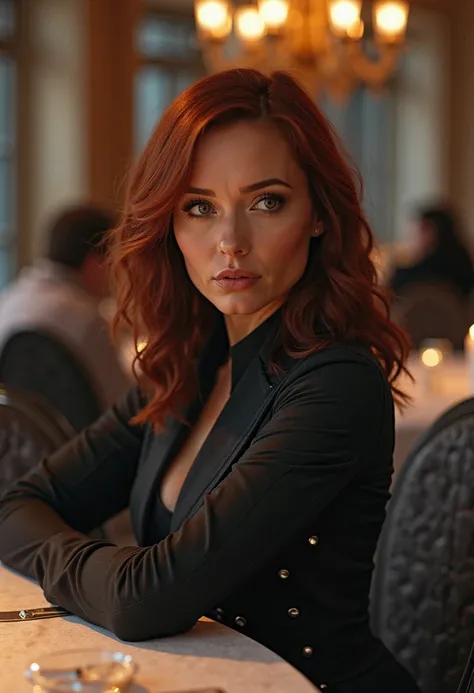 A close-up shot of Black Widow seated at a rounded dining table in the Avengers Tower. Her piercing eyes and a slightly raised eyebrow suggest she’s analyzing a hidden trick, her sharp mind at work. Warm ambient lighting casts a soft glow on her face, high...