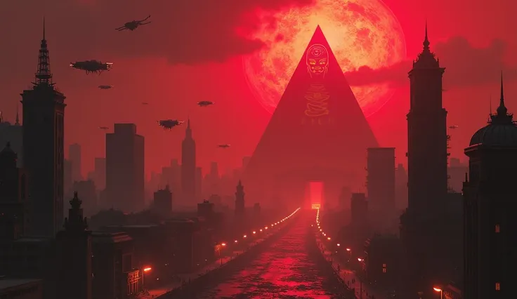 "A vast dystopian metropolis sprawls beneath a blood-red sky, illuminated by dark energy pulsing from towering black pyramids. The city is a fusion of ancient ruins and futuristic technology, with holographic symbols of Kali flickering across crumbling sky...