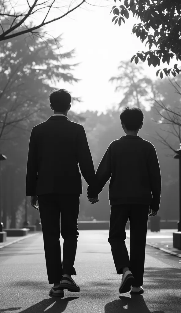 Style: Warm, Black and white photo,Subject: Japanese,A man seen from the back holding hands with someone while walking in a park,Composition: Low angle, first-person perspective,Atmosphere: Intimate, peaceful, reminiscent