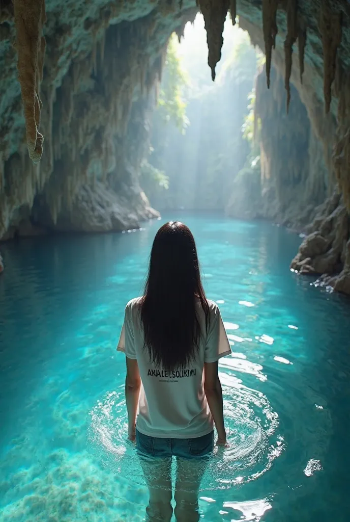 
 photorealistic image , 3d, cgi , wide angle, with no trace of digital interference, HD, of a high-ceilinged rock cave with dangling stalactites. In the center there is a crystal clear blue transparent lake 
View of a beautiful Indonesian woman's face fac...