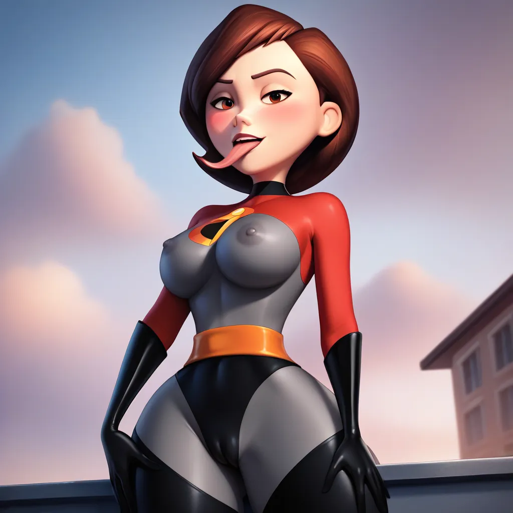 Helen parr, wide big hips, skin tight costume,cameltoe,rooftop, blushing, seductive smile, large covered nipples,long tongue, open crotch 