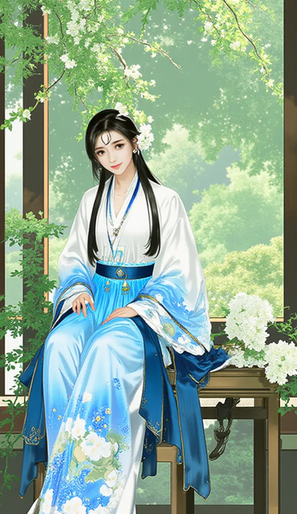 Ar311,a woman in a blue and white kimono sitting on a chair in front of a window, surrounded by a beautiful landscape of trees and flowers. She is wearing a traditional Chinese dress, with intricate details and vibrant colors, and her hair is adorned with ...