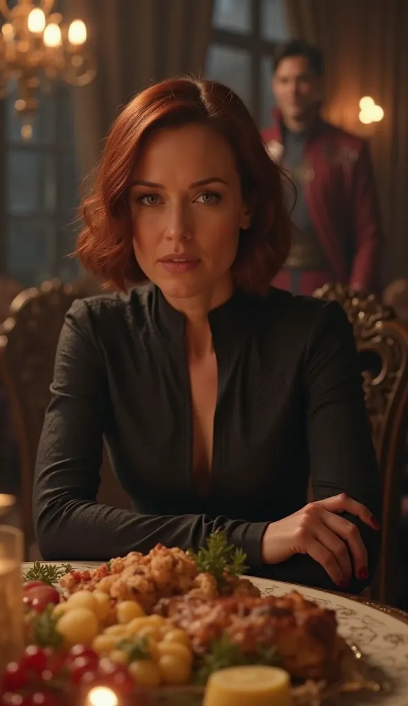 A close-up shot of Black Widow seated at a grand round dining table in the Avengers Tower. The dim yet warm lighting casts soft shadows on her face, highlighting her sharp features. Her piercing eyes and a slightly raised eyebrow suggest she’s figuring out...