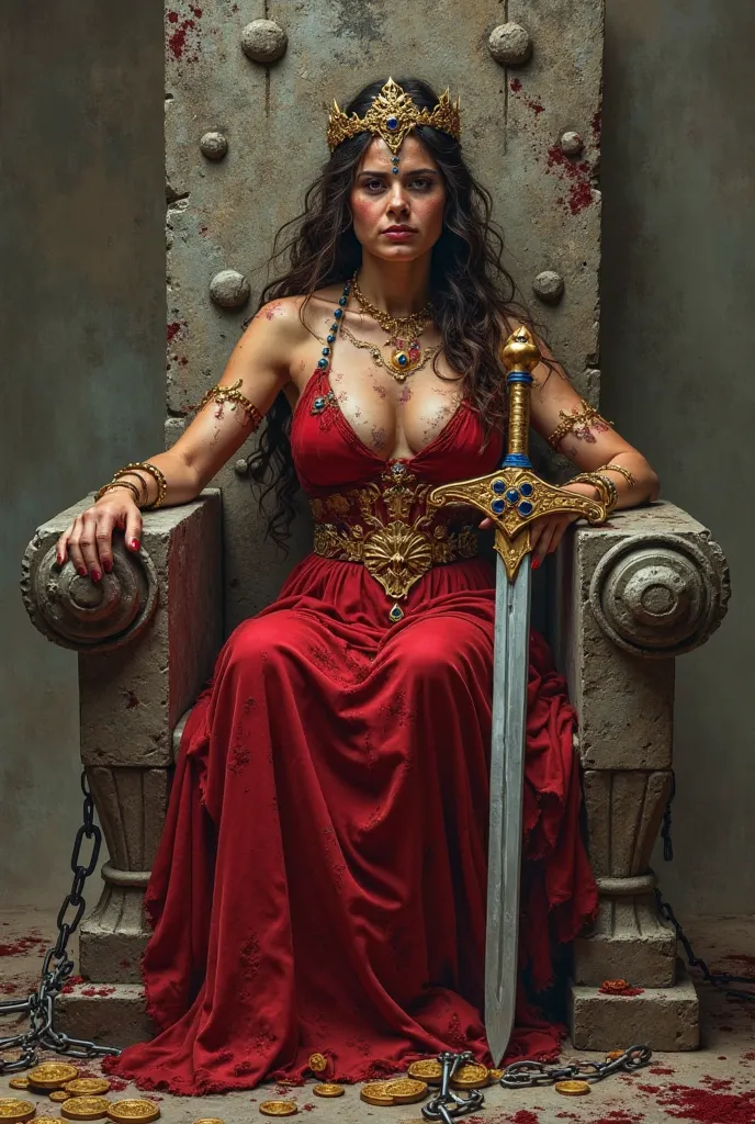 a battle won warrior woman claiming a stone throne.  she has a sword adorned with gold resting at her right hand leaning against the side of the throne.  her dress is red and torn from battles fought. her face shows signs of the tiresome struggle that she ...